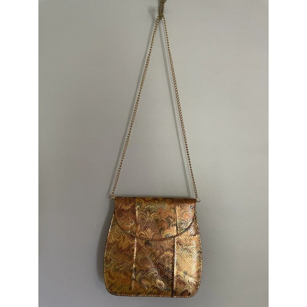VTG J Renee Gold Metallic Marbled Peacock Print Snakeskin Shoulder Bag/Purse.